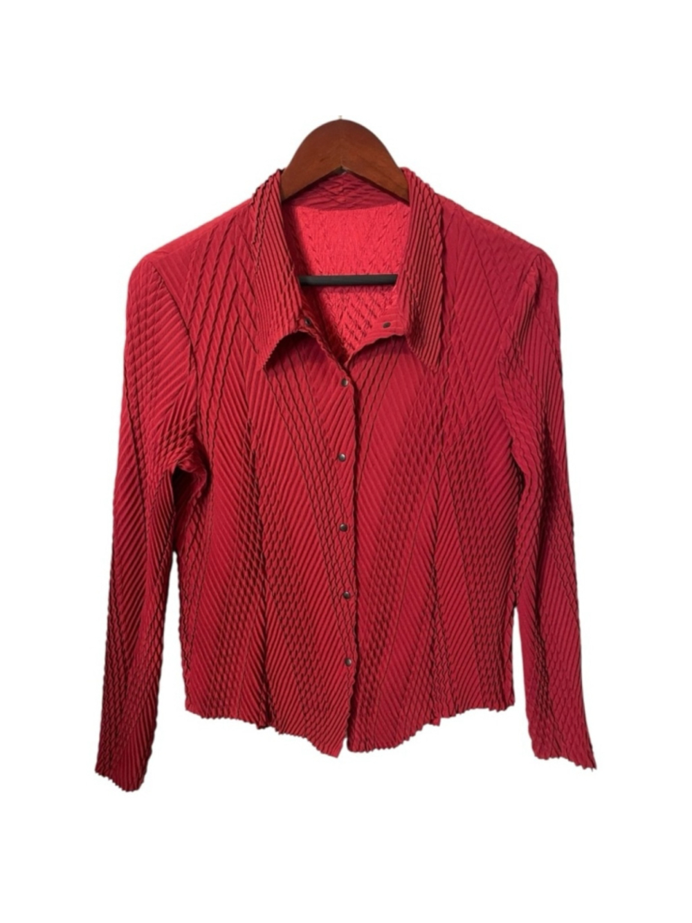 NWOT Babette Crinkle Long Sleeve Button Down Blouse in Burgundy Red Sz S Artsy